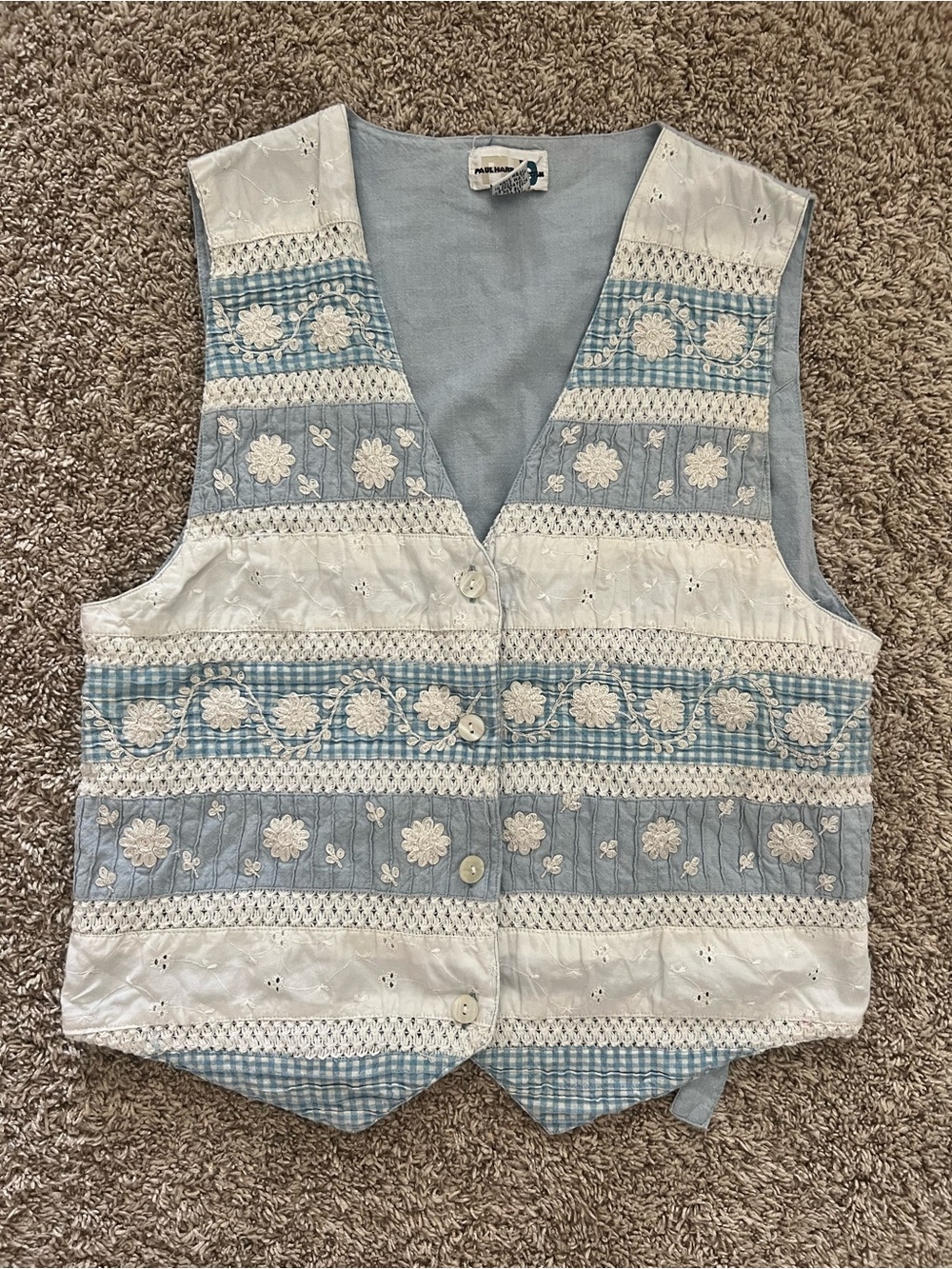 Women's Light Blue & White Embroidered Floral Vest